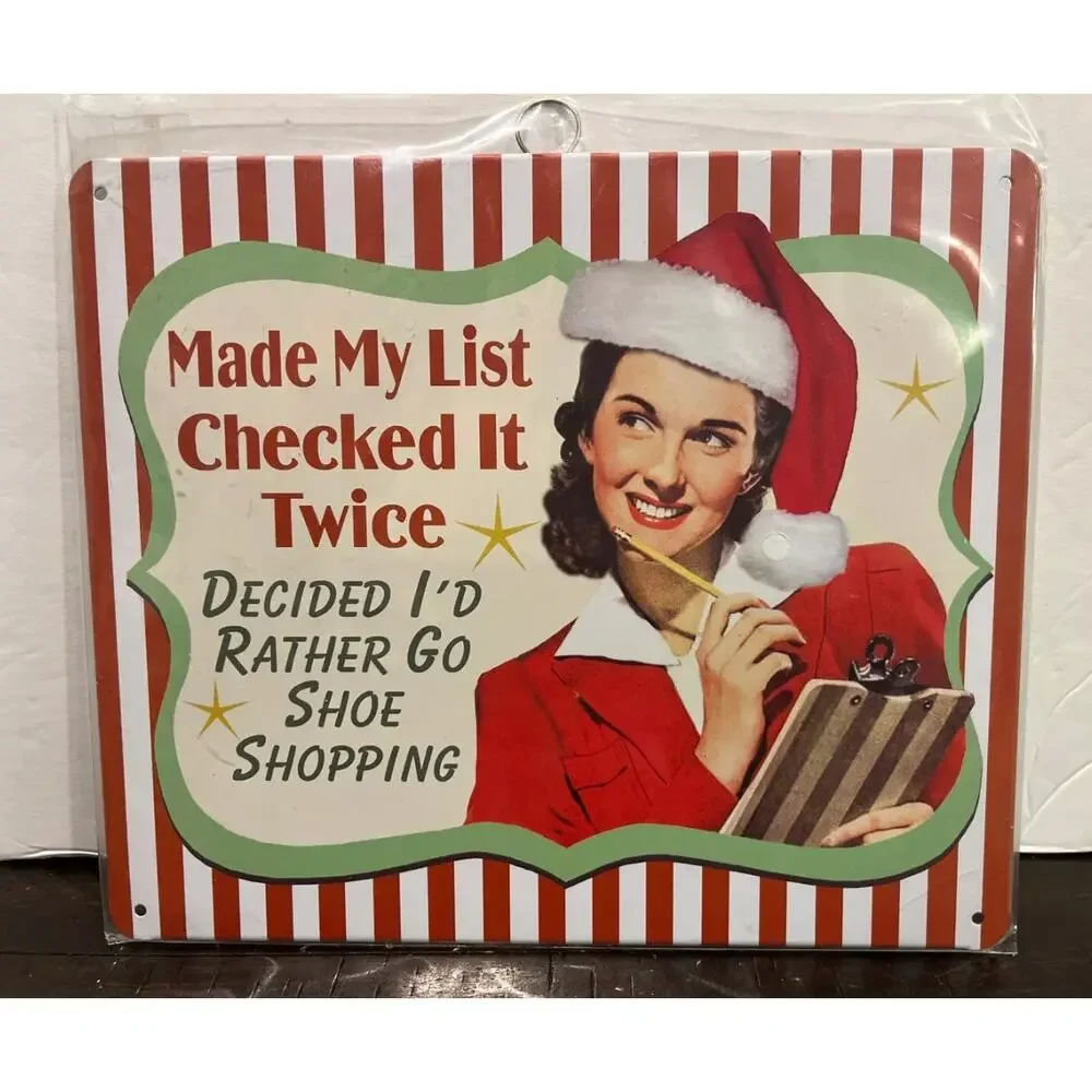 NWT NEW Retro Christmas Decor Metal Sign Made‎ My List Rather Go Shoe Shopping